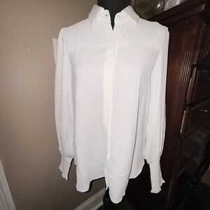 CiCiBird Blouse Womens Medium White NEW Smocked Button Down Long Sleeve Top